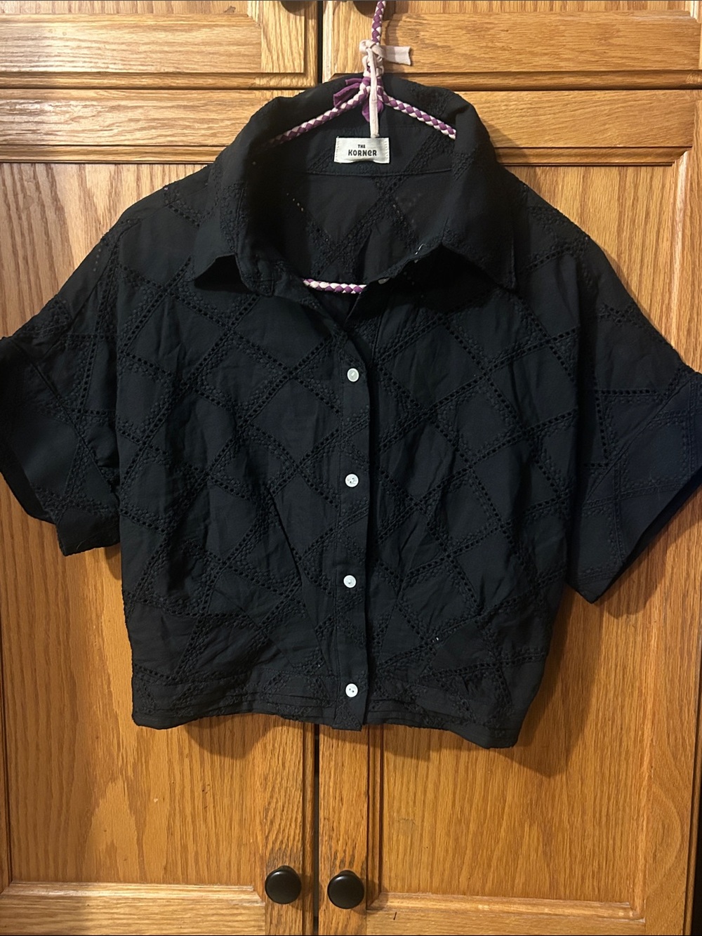 The Korner Women's Black Button-Front Eyelet Crop Shirt